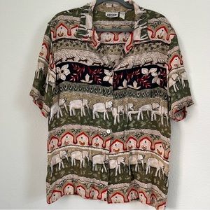 VTG Chicos Design‎ Embroidered Beaded Safari Button Up Top Size M Elephant artsy